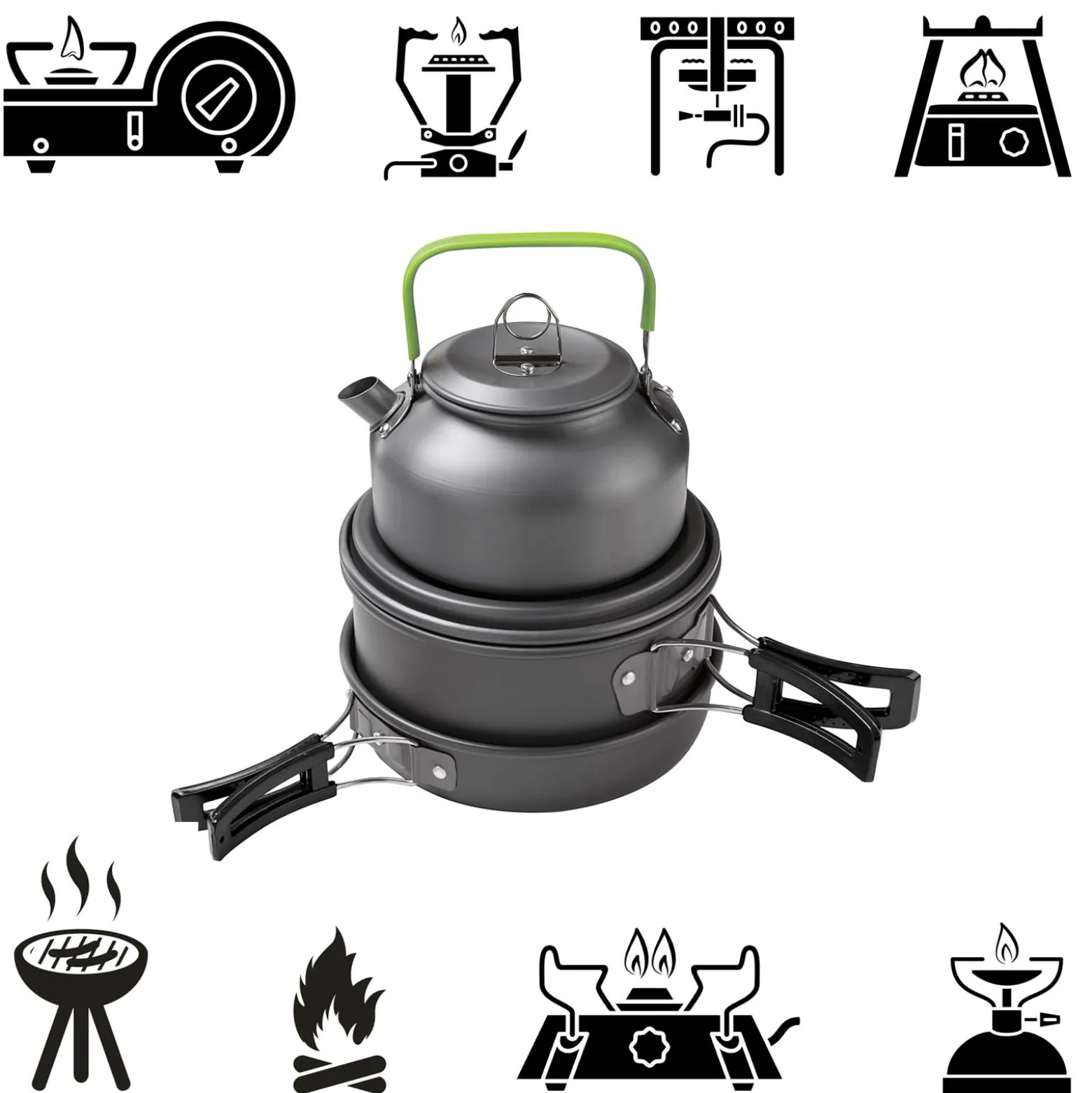 Toboli Camping Geschirr Set 12 tlg. Kochgeschirr für Outdoor Kochausrüstung mit Wasserkocher