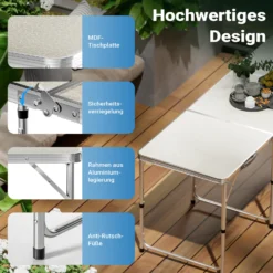 Toboli Campingtisch klappbar 180x60x70cm höhenverstellbar 54/61/70cm Klapptisch Aluminiumrahmen und Tischplatte aus MDF tragbarer Multifunktionstisch Buffettisch Camping Tisch Garten faltbar