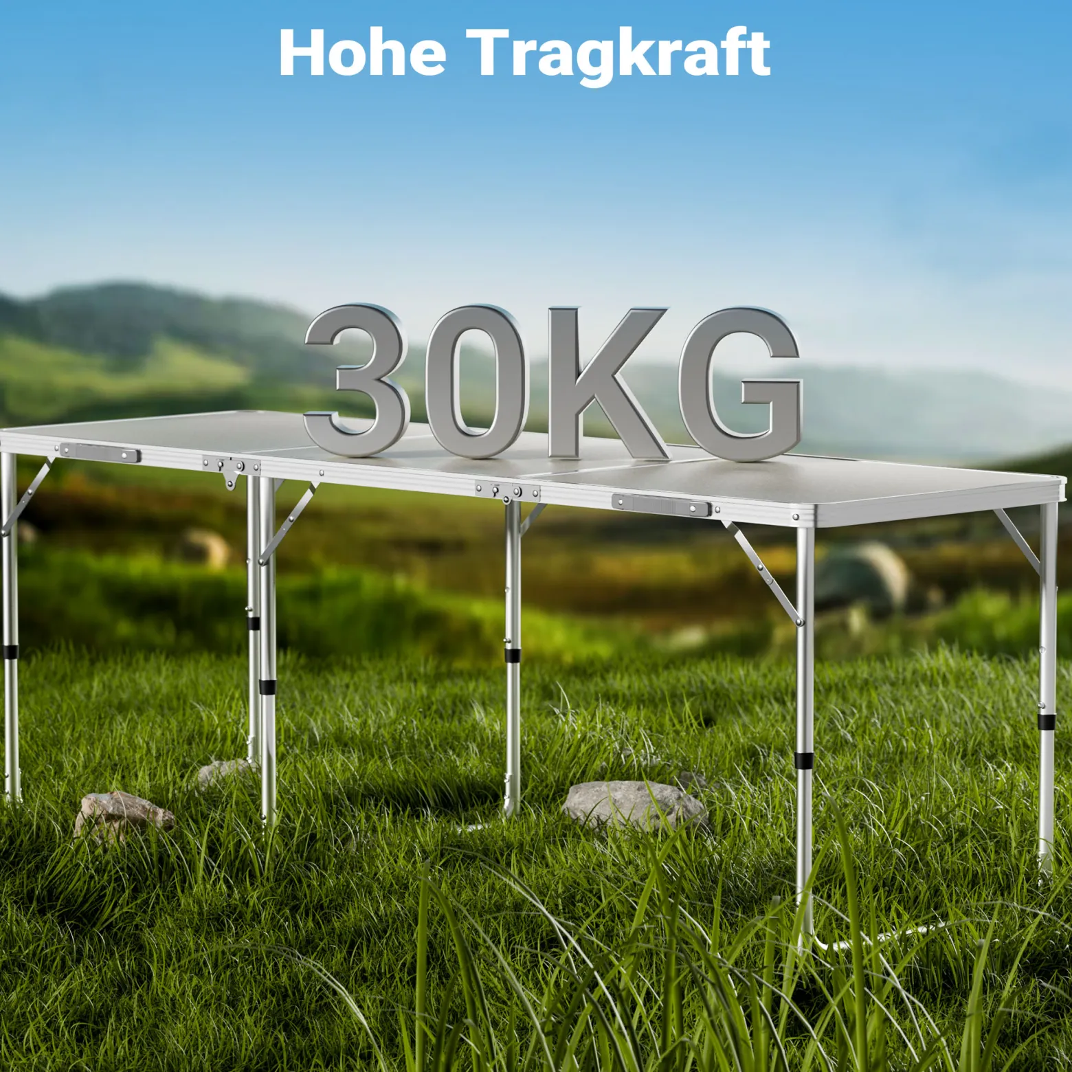 Toboli Campingtisch klappbar 180x60x70cm höhenverstellbar 54/61/70cm Klapptisch Aluminiumrahmen und Tischplatte aus MDF tragbarer Multifunktionstisch Buffettisch Camping Tisch Garten faltbar