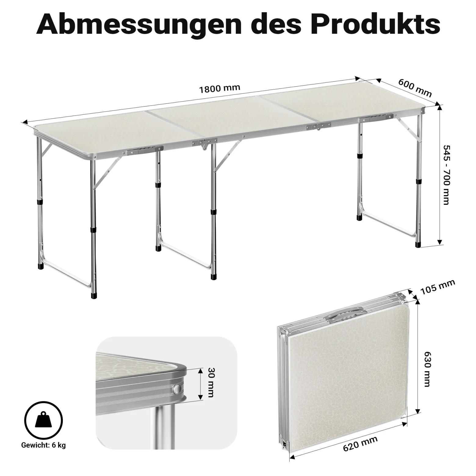 Toboli Campingtisch klappbar 180x60x70cm höhenverstellbar 54/61/70cm Klapptisch Aluminiumrahmen und Tischplatte aus MDF tragbarer Multifunktionstisch Buffettisch Camping Tisch Garten faltbar