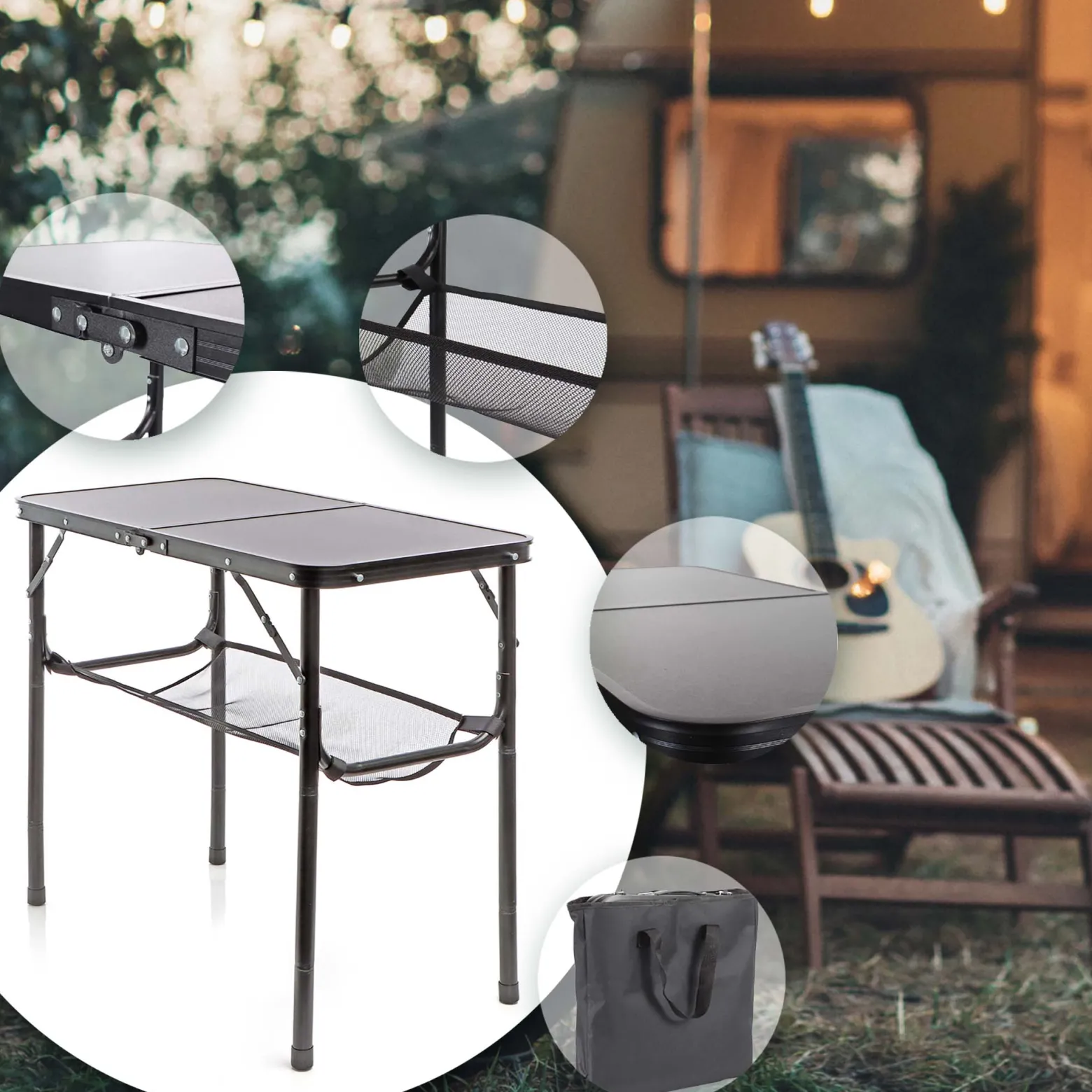 Toboli Campingtisch Schwarz 80x40cm höhenverstellbar auf 31/45/56/70 cm Aluminium Klapptisch Falttisch Outdoor klappbarer Tisch für Camping, Garten und Balkon, Camping Tisch faltbar