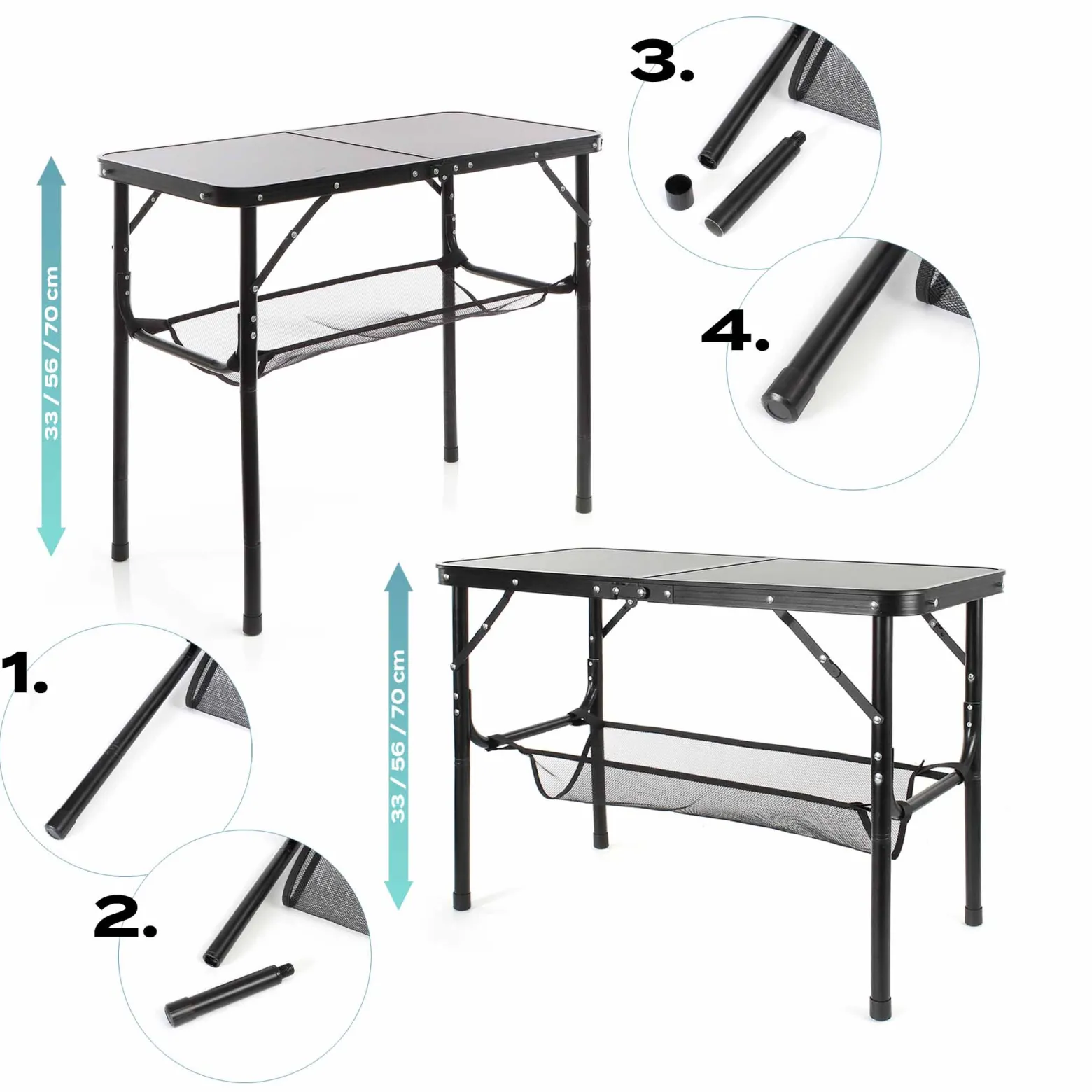 Toboli Campingtisch Schwarz 80x40cm höhenverstellbar auf 31/45/56/70 cm Aluminium Klapptisch Falttisch Outdoor klappbarer Tisch für Camping, Garten und Balkon, Camping Tisch faltbar