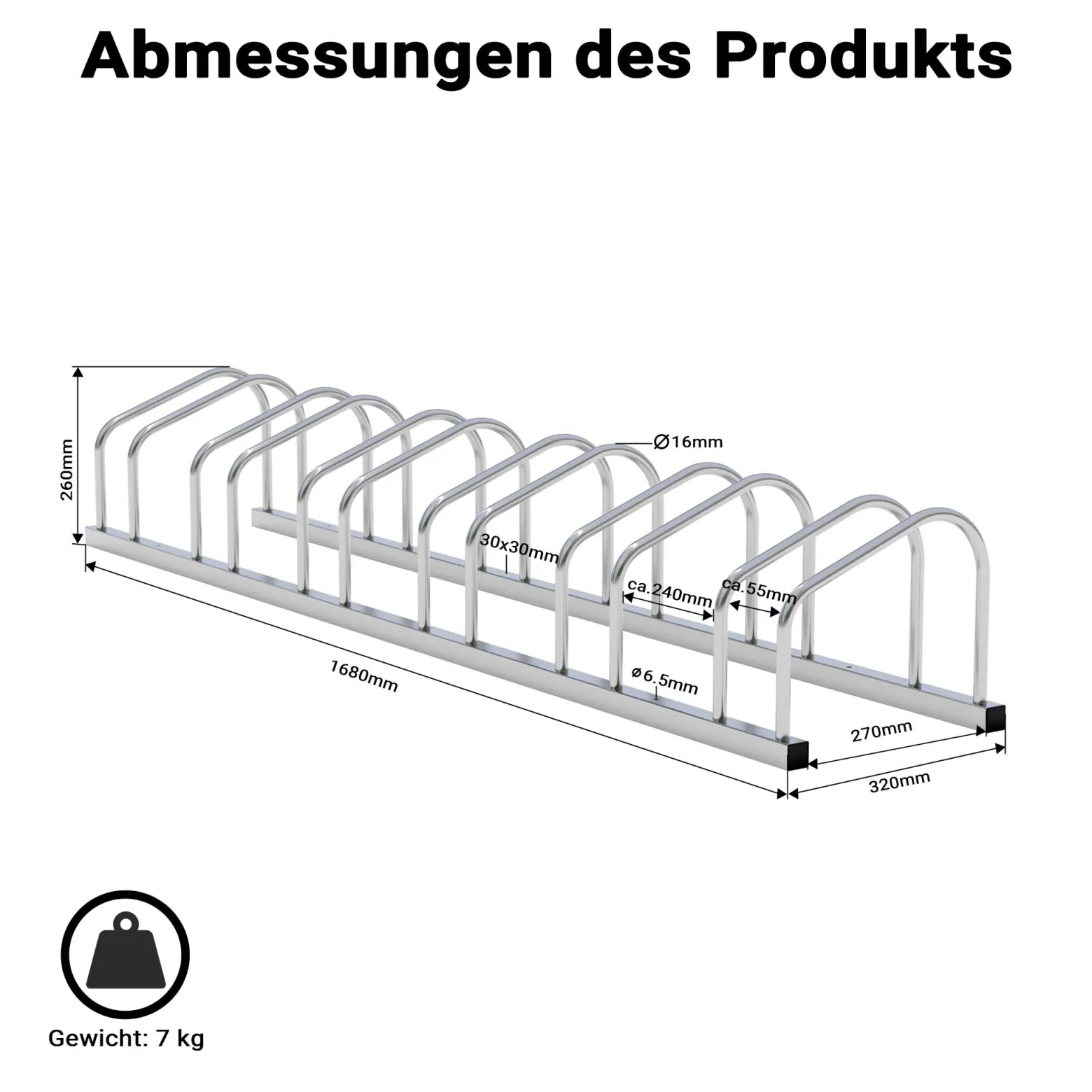 Toboli Fahrradständer für 6 Fahrräder 168x32x26 cm aus verzinktem Stahl für drinnen und draußen geeignet für Boden- und Wandmontage Reihenparker Fahrradbügel