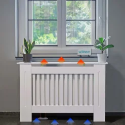 Toboli Heizkörperverkleidung weiß 112 x 19 x 82 cm, Heizkörperabdeckung aus MDF, Holzverkleidung für Heizkörper in Lamellenoptik