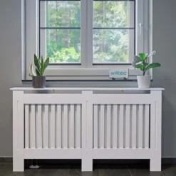 Toboli Heizkörperverkleidung weiß 172 x 19 x 82 cm, Heizkörperabdeckung aus MDF, Holzverkleidung für Heizkörper in Lamellenoptik