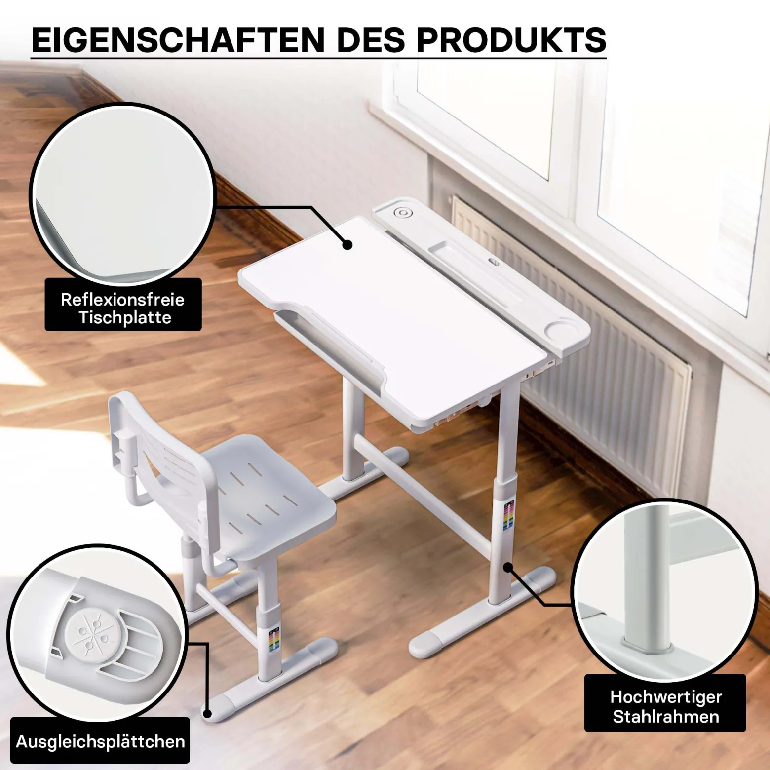 Toboli Kinderschreibtisch mit Stuhl, mitwachsender Schreibtisch für Kinder neigungs-/höhenverstellbar mit Schublade und Buchstütze