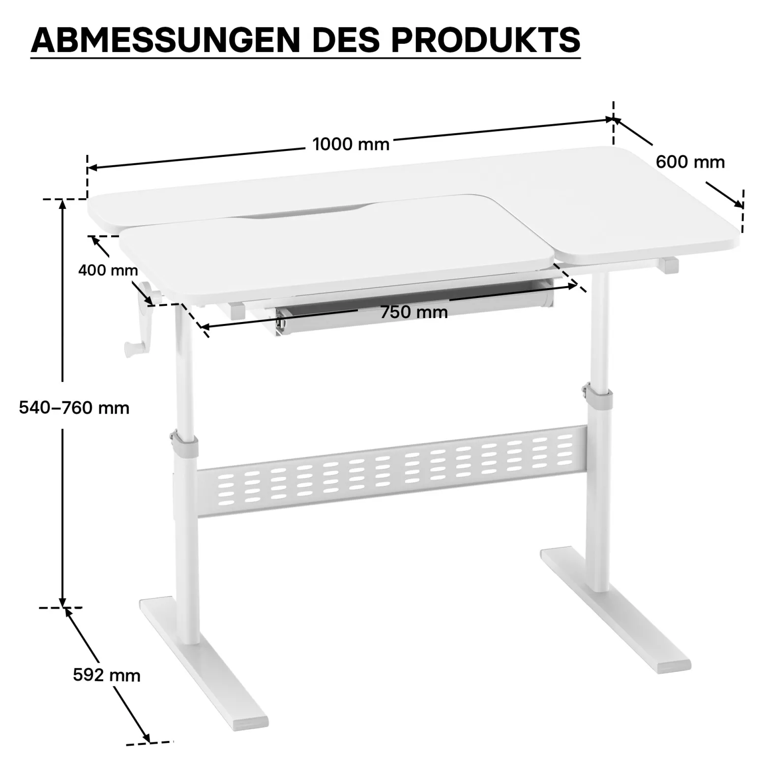 Toboli Kinderschreibtisch verstellbar 100 x 60 cm, mitwachsender Schreibtisch für Kinder neigungs-/höhenverstellbar mit Schublade