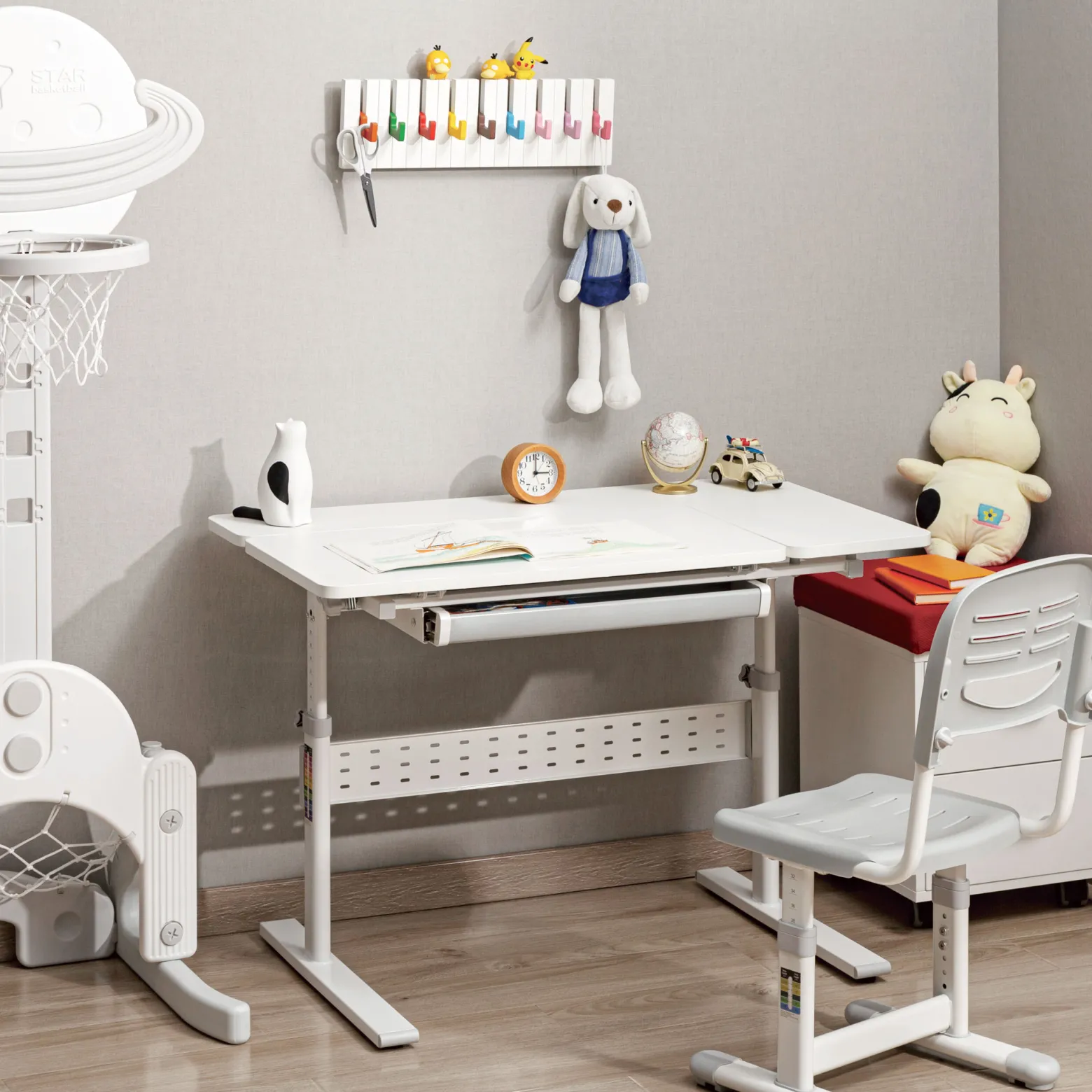Toboli Kinderschreibtisch verstellbar 100 x 60 cm, mitwachsender Schreibtisch für Kinder neigungs-/höhenverstellbar mit Schublade