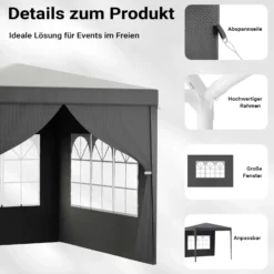Toboli Pavillon 3 x 3 m in Grau mit UV-Schutz 50+, Gartenpavillon mit abnehmbaren Seiten, Partyzelt mit Fenstern für z. B. Terrasse und Festival