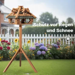 Toboli Vogelfutterhaus 115 cm mit Ständer, Vogelhaus aus Holz, wetterfestes Vogelfutterhäuschen mit Dreifuß, Futterhäuschen für Vögel