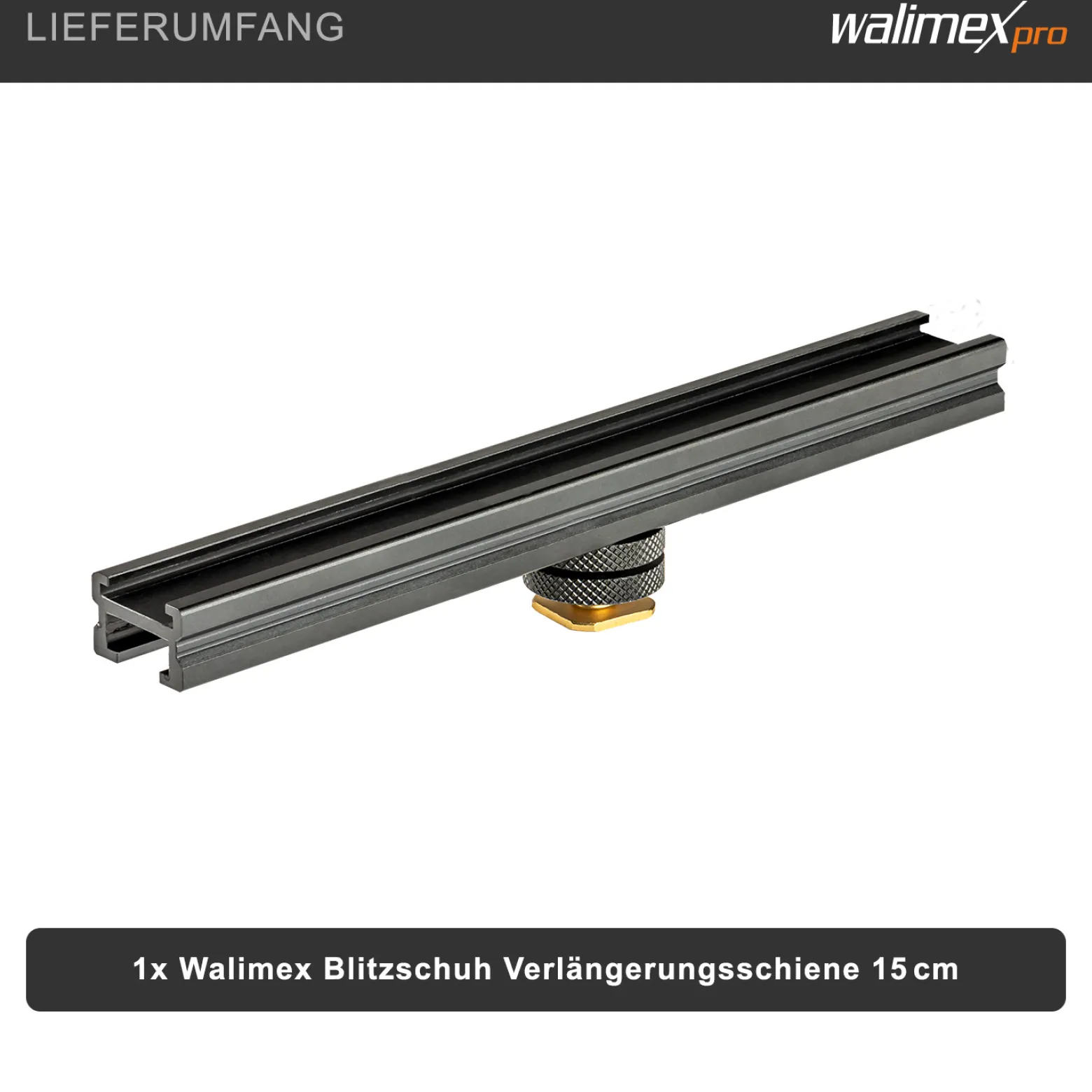 Walimex Blitzschiene Verlängerungsschiene - Länge 15 cm, um 360° drehbar - Beidseitige Blitzschuh Halterung - mit 1/4" Gewinde - für Magic Arm, Videoleuchte, Mikrofone, Stativ