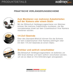 Walimex Blitzschiene Verlängerungsschiene - Länge 15 cm, um 360° drehbar - Beidseitige Blitzschuh Halterung - mit 1/4
