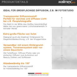 Walimex Diffusor Stoff 3 x 3 m, transparenter Lichtformer für weiches, diffuses Licht, hitzebeständig, als Fotohintergrund nutzbar, ideal für Fotostudio