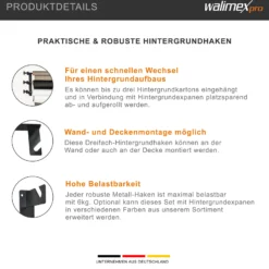 Walimex 2er-Set von 3-fach Hintergrundhaken - 210 x 40 x 330 mm - Belastbarkeit je Haken 6 kg - aus Metall - für Wand und Decke - Fotostudio Fotozubehör Kamera Zubehör für Fotohintergrund