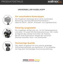 Walimex FT-002H Pro-Kugelkopf, hochwertiger Stativkopf mit Schnellwechselplatte, ideal für Einbeinstativ, Stativ-Kopf mit 1/4'' Kameraanschluss & 1/4'', 3/8'' Stativgewinde
