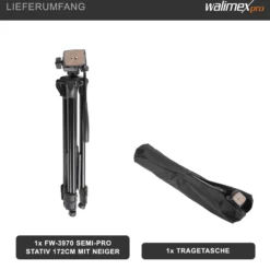 Walimex FW-3970 Semi-Pro Stativ mit Neiger, Kamerastativ höhenverstellbar bis 172 cm, Fotostativ belastbar bis 4 kg, Dreibeinstativ mit Stativkopf, 2 Wasserwaagen, Libelle, Schnellwechselplatte