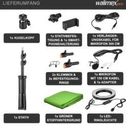 Walimex Greenscreen Komplettset, Green Screen Studio inkl. Stativ, Ringleuchte, Mikrofon, Videostudio Hintergrund mit Smartphone-Halter