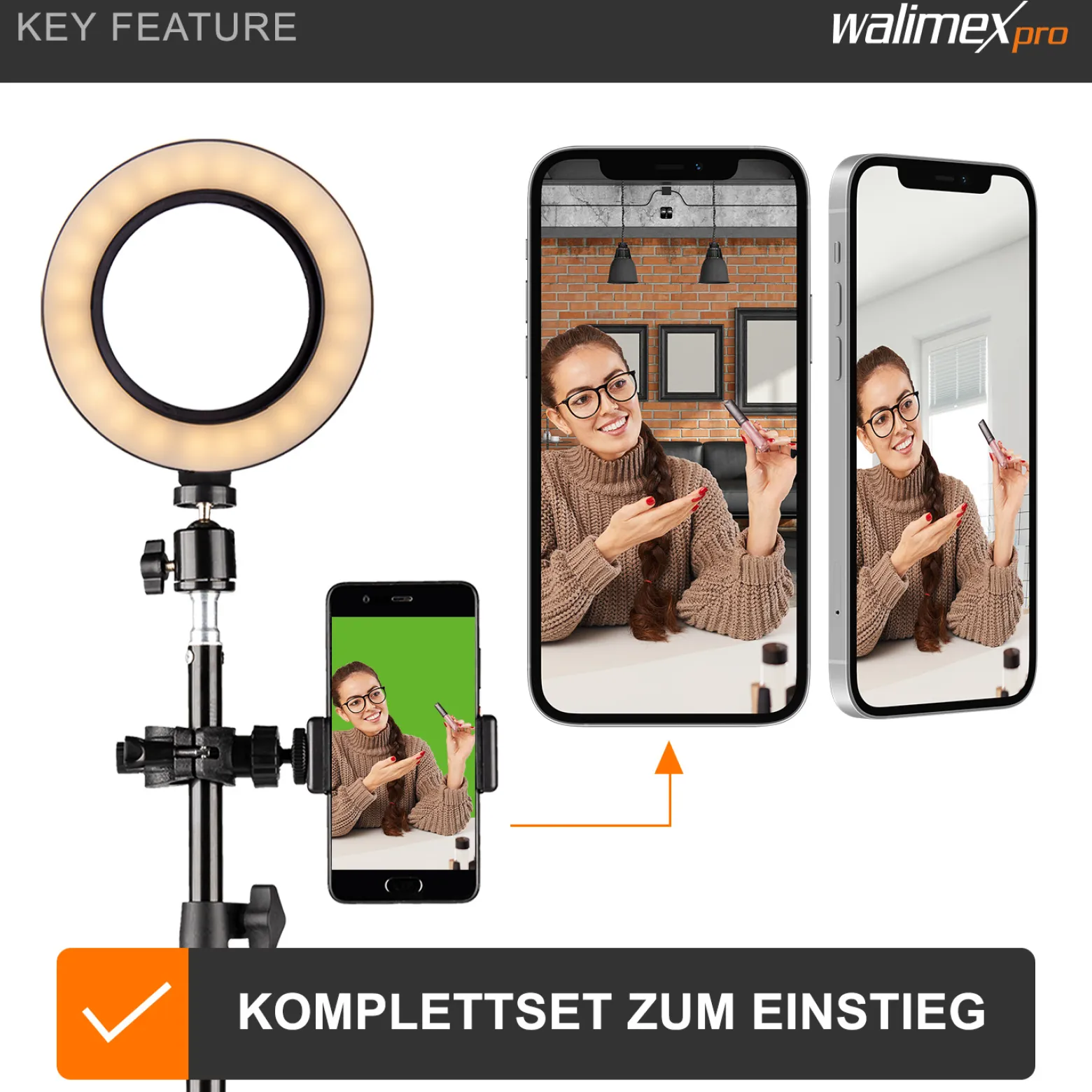 Walimex Greenscreen Komplettset, Green Screen Studio inkl. Stativ, Ringleuchte, Mikrofon, Videostudio Hintergrund mit Smartphone-Halter