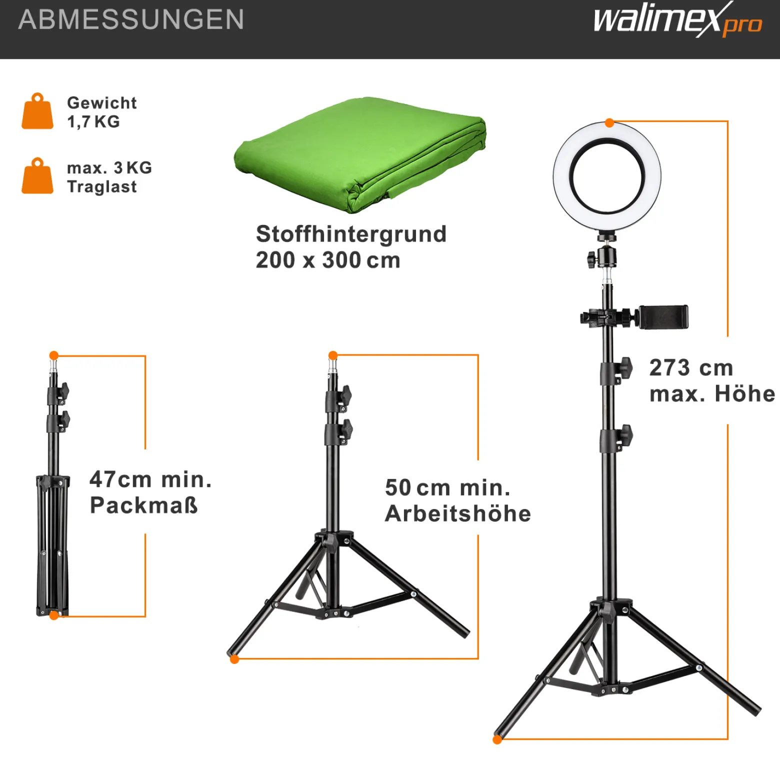 Walimex Greenscreen Komplettset, Green Screen Studio inkl. Stativ, Ringleuchte, Mikrofon, Videostudio Hintergrund mit Smartphone-Halter