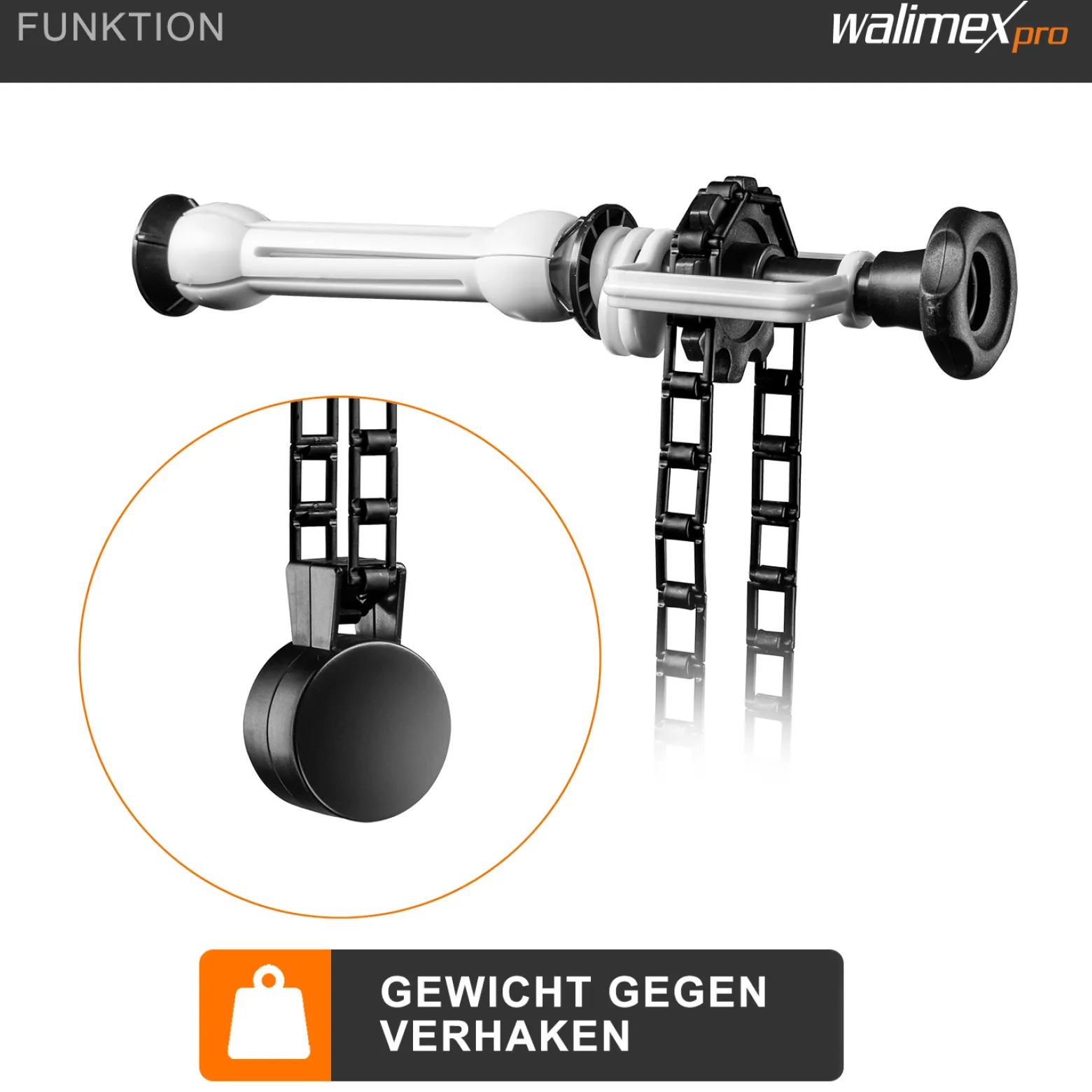 Walimex Hintergrundexpan mit Kette und Gewicht 320 x 130 x 85 mm, Farbe schwarz, für Pappkerne 45-78 mm, max. Traglast 6 kg