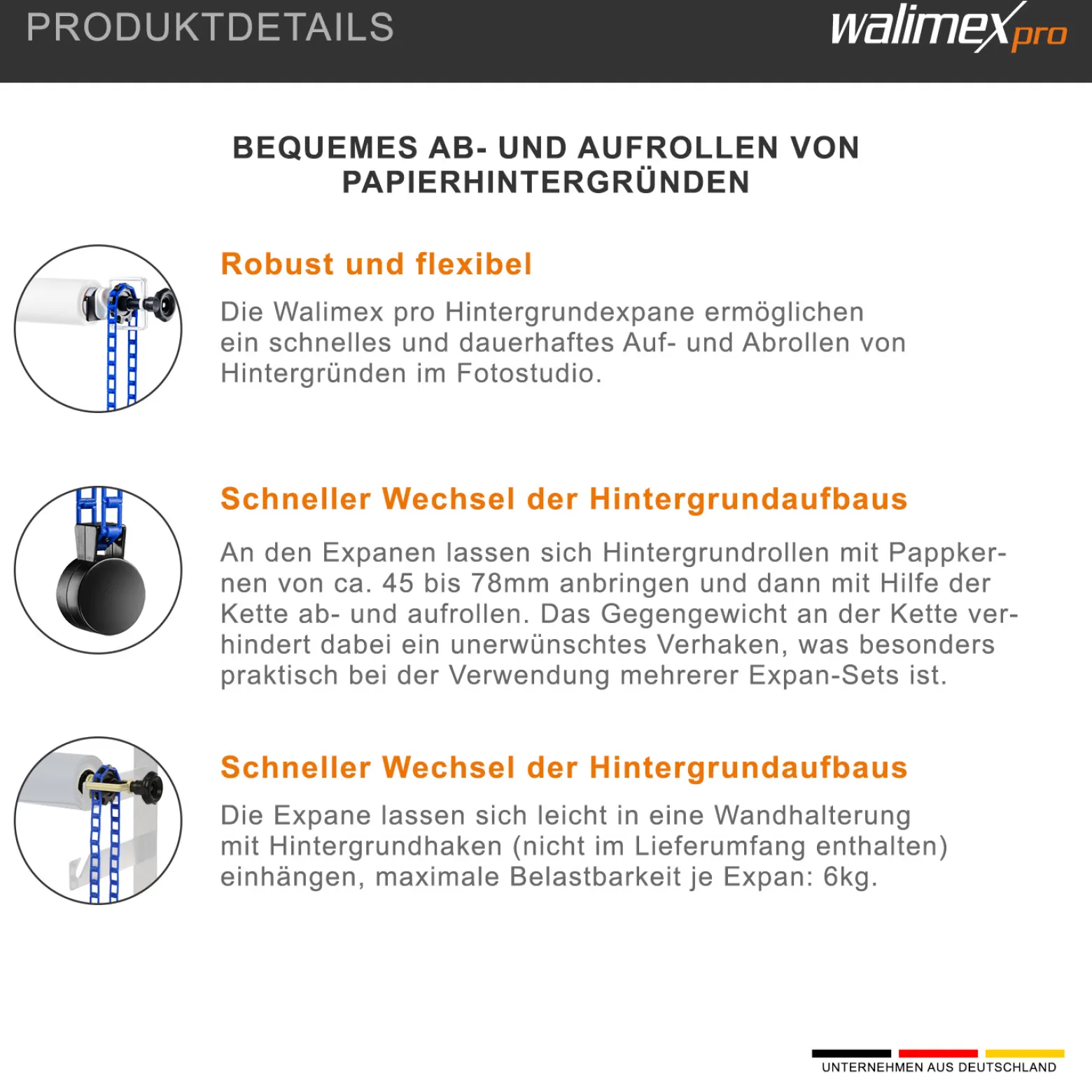 Walimex Hintergrundexpan mit Kette und Gewicht 320 x 130 x 85 mm, Farbe blau, für Pappkerne 45-78 mm, max. Traglast 6 kg