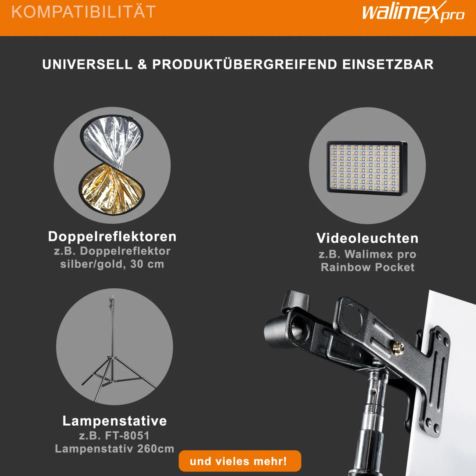 Walimex 4 in 1 Studioklemme 170 x 110 x 90 mm mit 5/8 Spigot, 1/4" und 3/8" Gewinde Klemmbreite max. 4,5 cm