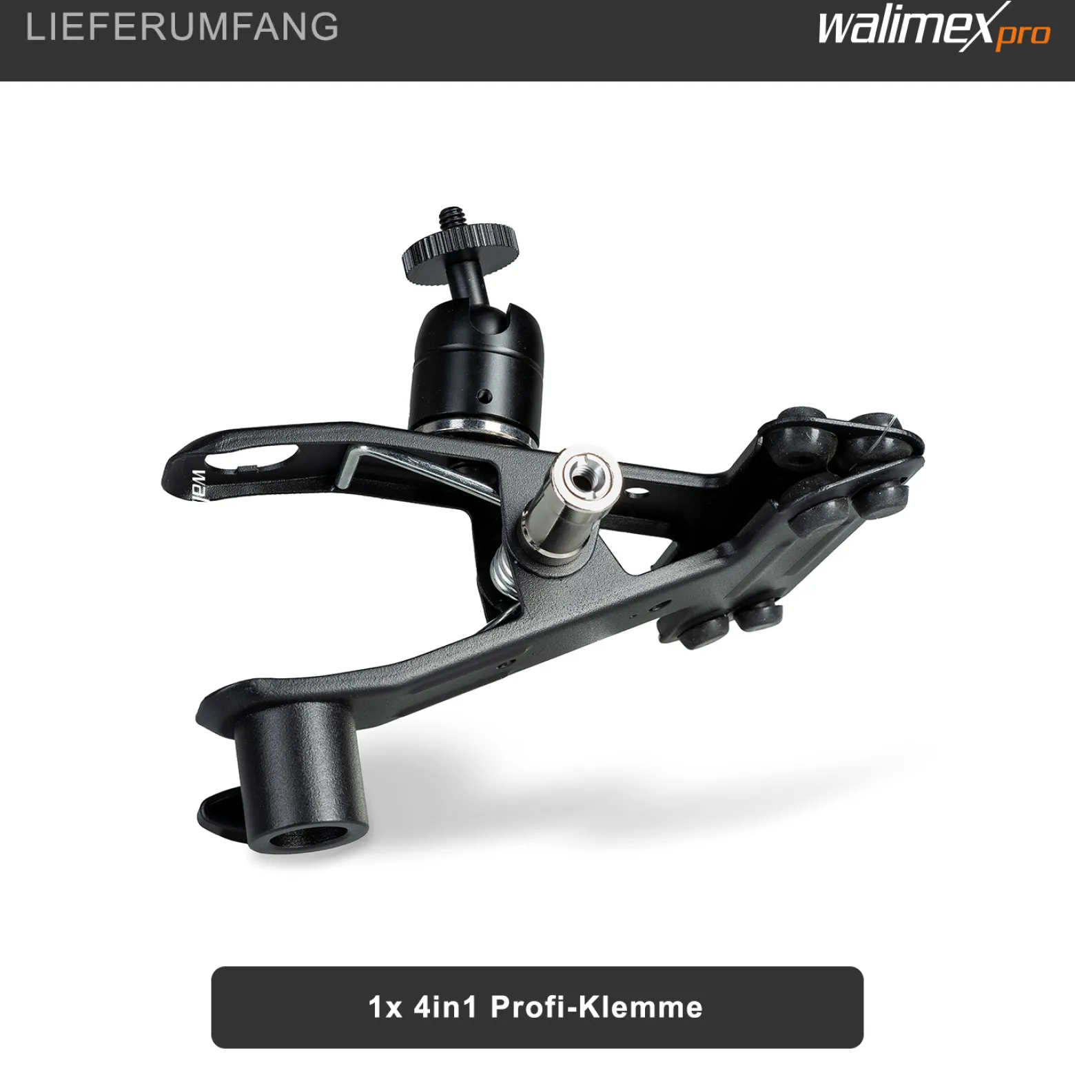 Walimex 4 in 1 Studioklemme 170 x 110 x 90 mm mit 5/8 Spigot, 1/4" und 3/8" Gewinde Klemmbreite max. 4,5 cm
