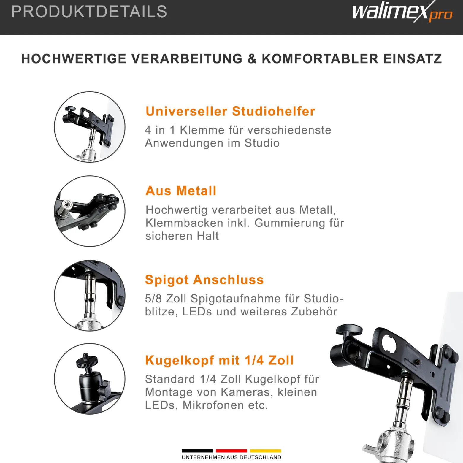 Walimex 4 in 1 Studioklemme 170 x 110 x 90 mm mit 5/8 Spigot, 1/4" und 3/8" Gewinde Klemmbreite max. 4,5 cm