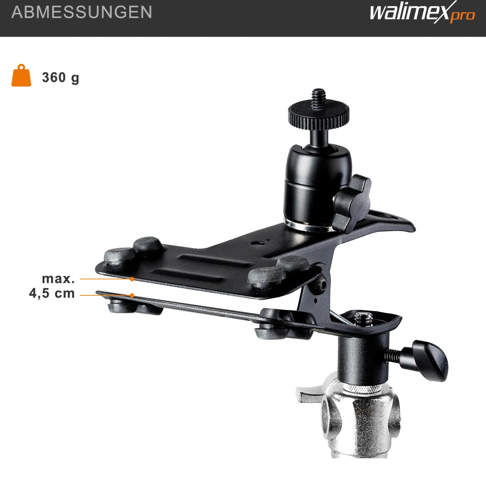 Walimex 4 in 1 Studioklemme 170 x 110 x 90 mm mit 5/8 Spigot, 1/4" und 3/8" Gewinde Klemmbreite max. 4,5 cm