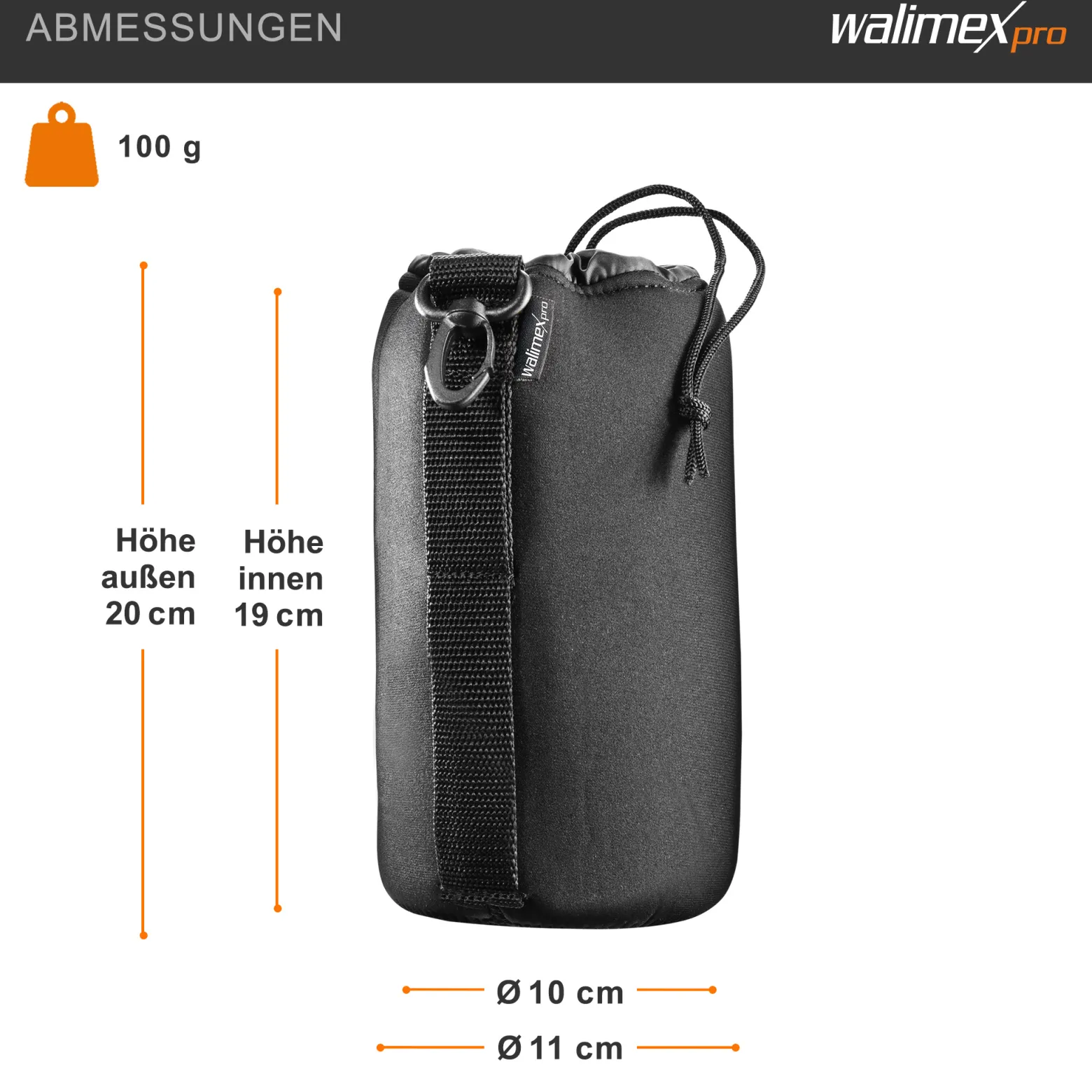 Walimex Objektivbeutel NEO 300 Modell 2011, Größe L / 10 x 10 x 19 cm, aus Neopren, wasserabweisend, mit Tunnelzug, für Kameraobjektive, Objektiv Köcher für Foto Studio Shooting