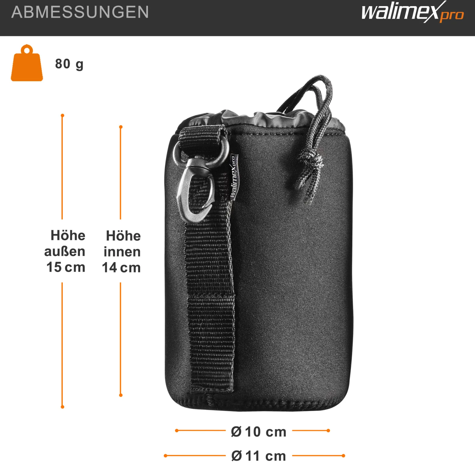 Walimex Objektivbeutel NEO 300 Modell 2011, Größe M / 10 x 10 x 15 cm, aus Neopren, wasserabweisend, mit Tunnelzug, für Kameraobjektive, Objektiv Köcher für Foto Studio Shooting