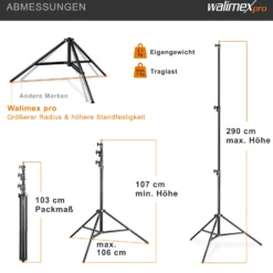 Walimex pro AIR 290 Deluxe Lampenstativ max. Höhe 290 cm, Lichtstativ mit Luftfederung, Blitzstativ mit 7 kg Traglast, Leuchtenstativ aus Aluminium, Dreibeinstativ für Fotostudio und Outdoor