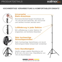 Walimex pro AIR 380 Deluxe Lampenstativ max. Höhe 380 cm, Lichtstativ mit Luftfederung, Blitzstativ mit 15 kg Traglast, Dreibeinstativ aus Aluminium, Leuchtenstativ für Fotostudio und Outdoor
