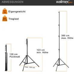 Walimex pro AIR 380 Deluxe Lampenstativ max. Höhe 380 cm, Lichtstativ mit Luftfederung, Blitzstativ mit 15 kg Traglast, Dreibeinstativ aus Aluminium, Leuchtenstativ für Fotostudio und Outdoor