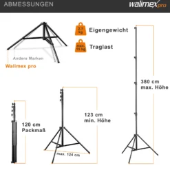 Walimex pro AIR 380 Deluxe Lampenstativ 2er-Set max. Höhe 380 cm, Lichtstativ mit Luftfederung, Blitzstativ mit 15 kg Traglast, Dreibeinstativ aus Aluminium, Leuchtenstativ für Fotostudio und Outdoor