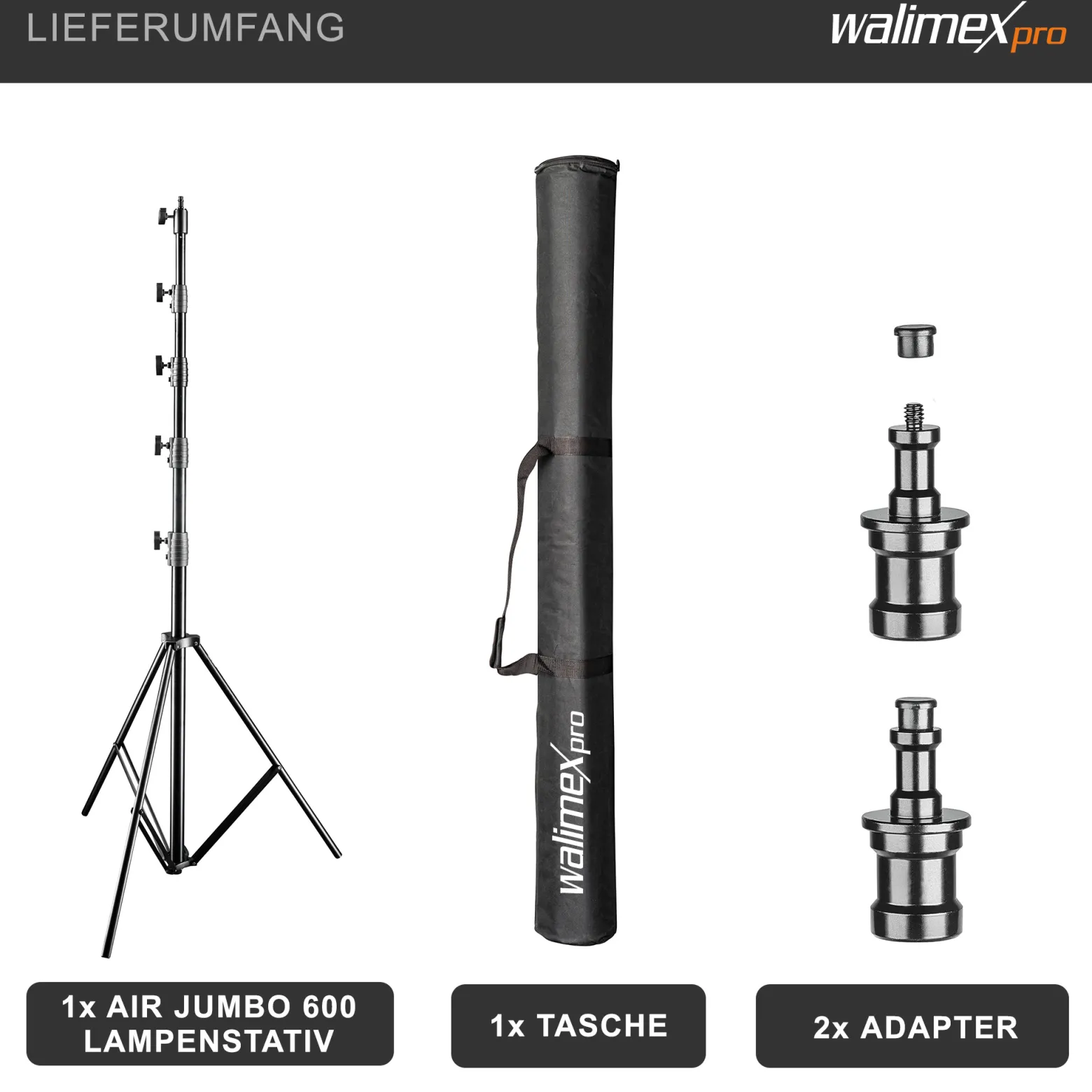 Walimex pro AIR Jumbo 600 Lampenstativ max. Höhe 600 cm, Lichtstativ mit 22,5 kg Traglast und Luftdämpfung, Blitzstativ aus Aluminium, Dreibeinstativ für Fotostudio, Film, Bühne und Outdoor