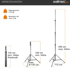 Walimex pro AIR 355 Lampenstativ max. Höhe 355 cm, Lichtstativ mit Luftfederung, Blitzstativ mit 8 kg Traglast, Dreibeinstativ aus Aluminium, Leuchtenstativ für Fotografie, Studio und Outdoor