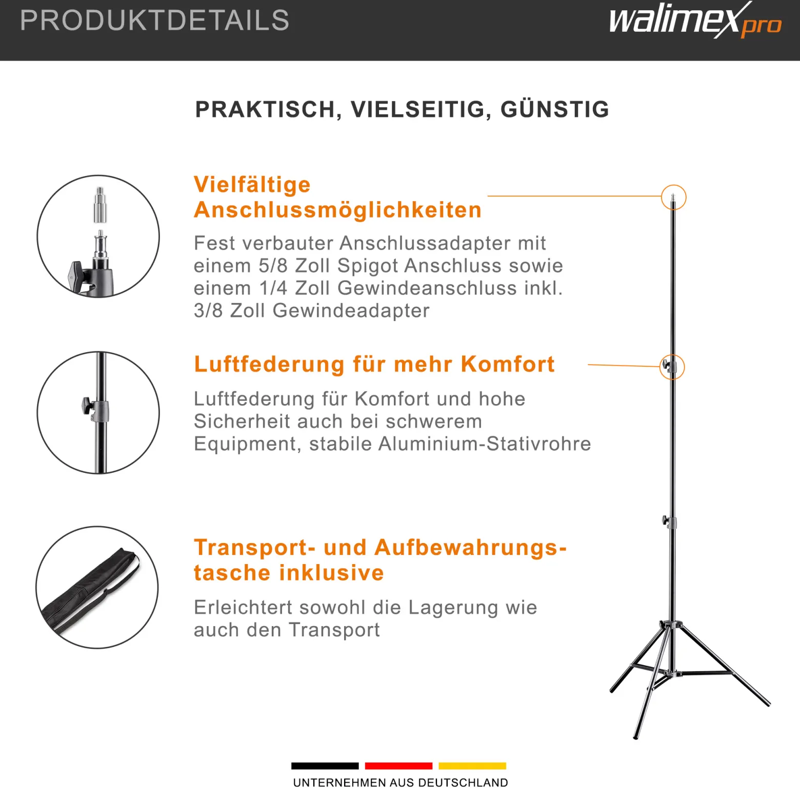 Walimex pro AIR 200 Lampenstativ höhenverstellbar bis 200 cm, Lichtstativ aus Aluminium mit Luftfederung, Blitzstativ bis 4,5 kg Traglast, Leuchtenstativ mit Tasche für Fotostudio und Outdoor