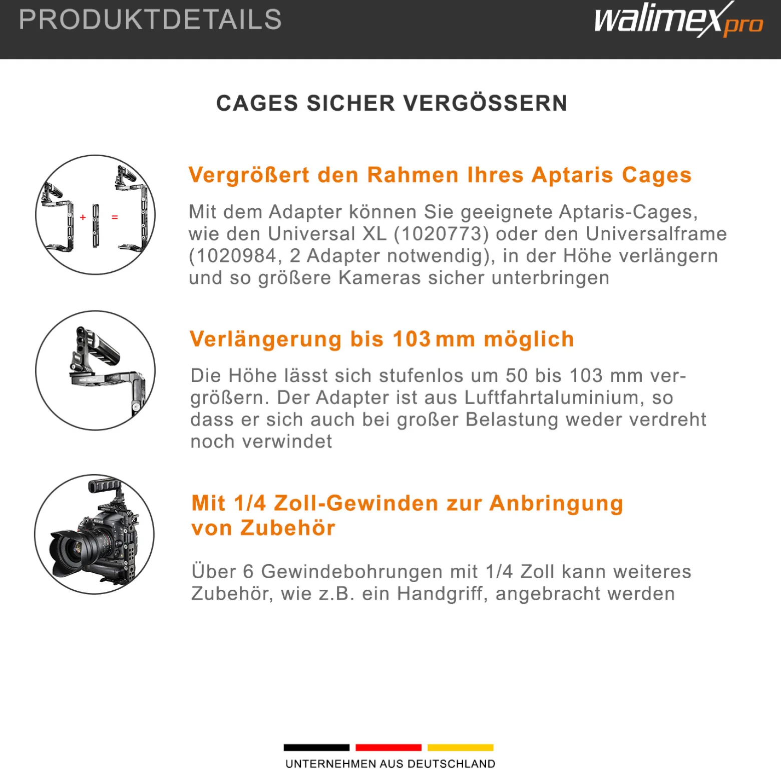 Walimex pro Aptaris Universal XXL Adapter Verlängerungsadapter - 93 x 27 x 12 mm - für Walimex Pro Aptaris XL Cage Frame - Foto Video Zubehör Studio Set