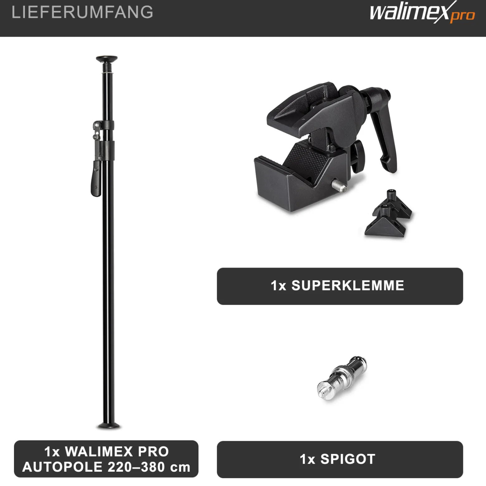 Walimex pro Autopole 220-380 cm inkl. Superklemme und Spigot – 45 x 127 x 2160 mm – max. Traglast 15 kg – Aluminium – für Hintergründe, Leuchten – zum Einspannen zwischen Boden und Decke