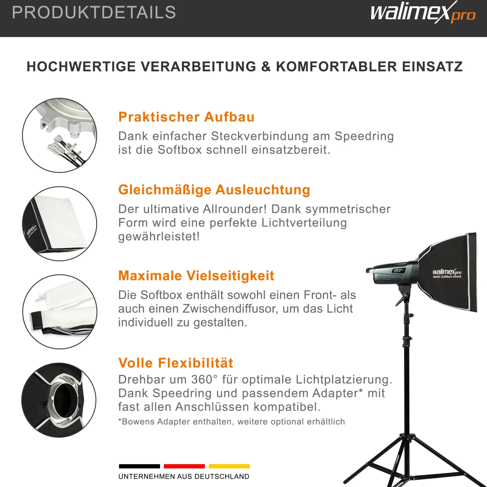 Walimex pro Basic Softbox 40 x 40 cm, um 360° drehbar, inkl Front- und Zwischendiffusor, Transporttasche, Bowens Adapter, ideal für Produkt- und Peoplefotografie