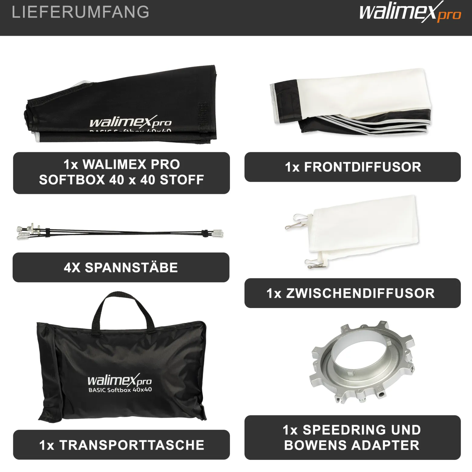 Walimex pro Basic Softbox 40 x 40 cm, um 360° drehbar, inkl Front- und Zwischendiffusor, Transporttasche, Bowens Adapter, ideal für Produkt- und Peoplefotografie