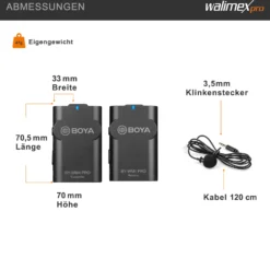 Walimex pro Boya 3er Set WM4 Pro K-2 Lavalier Kondensator Mikrofon - 60 m - mit 2x Sender und 1x Empfänger, 3,5 mm Klinkenstecker, 120 cm Kabel, Etui - für Video- und Audioanwendungen