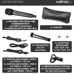 Walimex pro Boya HM2 Handmikrofon, Mikrofon mit USB-C Anschluss & 120 cm Kabel, Mikro für Handy zum Singen, Kopfhörerbuchse und Halterung für Mikrofonstativ