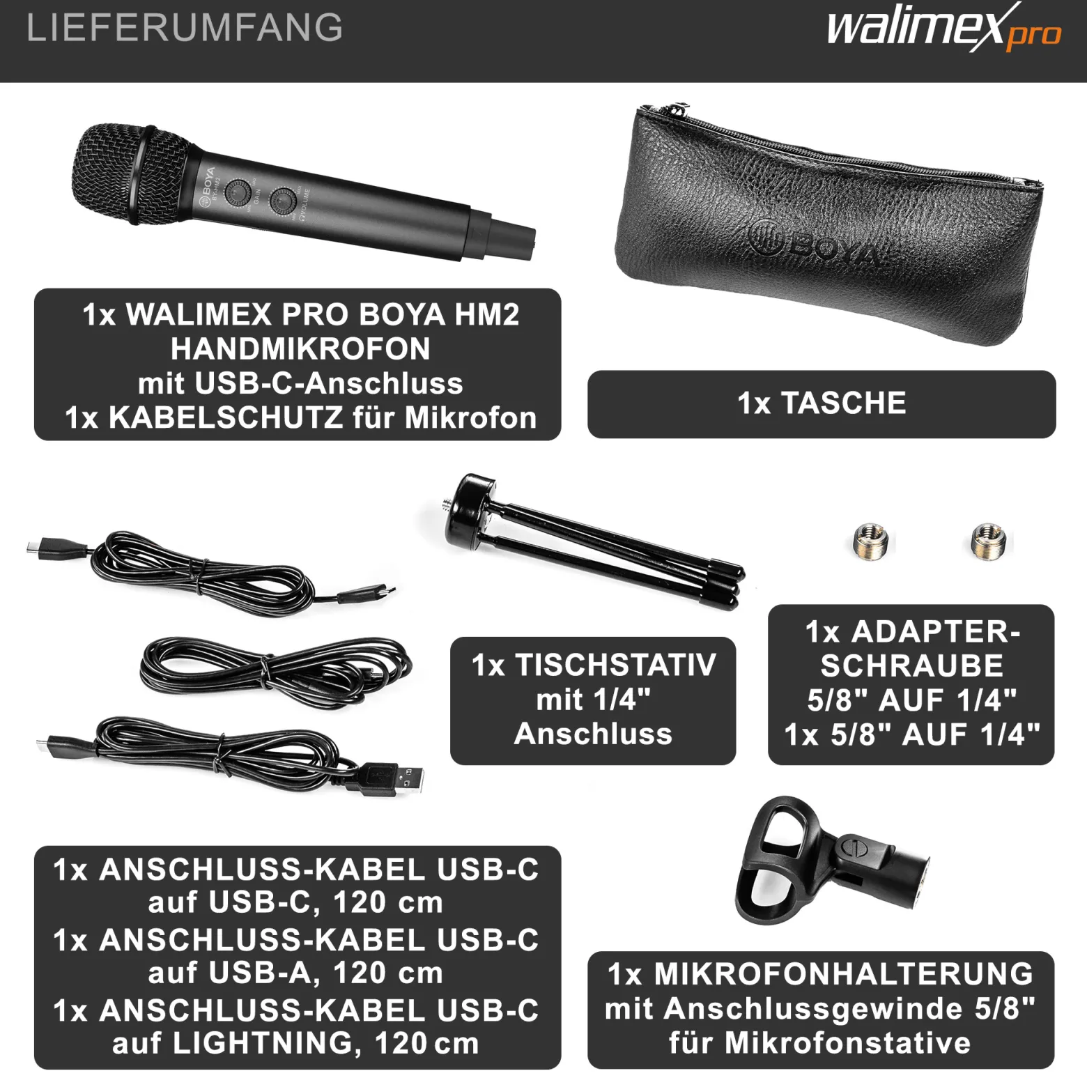 Walimex pro Boya HM2 Handmikrofon, Mikrofon mit USB-C Anschluss & 120 cm Kabel, Mikro für Handy zum Singen, Kopfhörerbuchse und Halterung für Mikrofonstativ