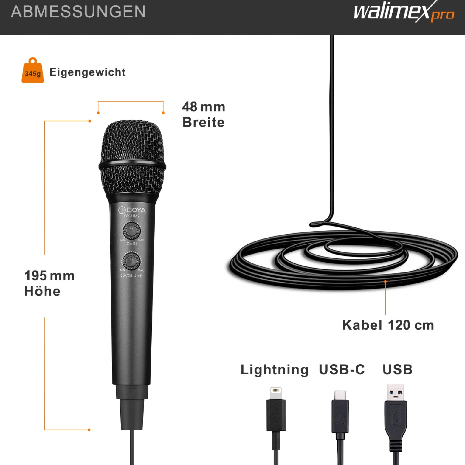 Walimex pro Boya HM2 Handmikrofon, Mikrofon mit USB-C Anschluss & 120 cm Kabel, Mikro für Handy zum Singen, Kopfhörerbuchse und Halterung für Mikrofonstativ