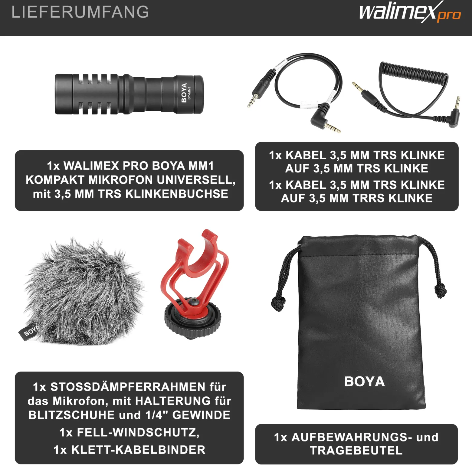 Walimex pro Boya MM1 Kompaktmikrofon universell für Blitzschuh, Kameramikrofon mit Klinkenstecker für Camcorder, Audiorekorder, Smartphone, PC, Mikrofon 35 Hz - 18 kHz, Nierencharakteristik