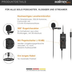 Walimex pro Boya M1 Pro Ansteckmikrofon, Lavaliermikrofon mit Klinkenstecker für Camcorder, Audiorekorder, Smartphone, PC, Mikrofon 65 Hz - 18 kHz, Kugelcharakteristik