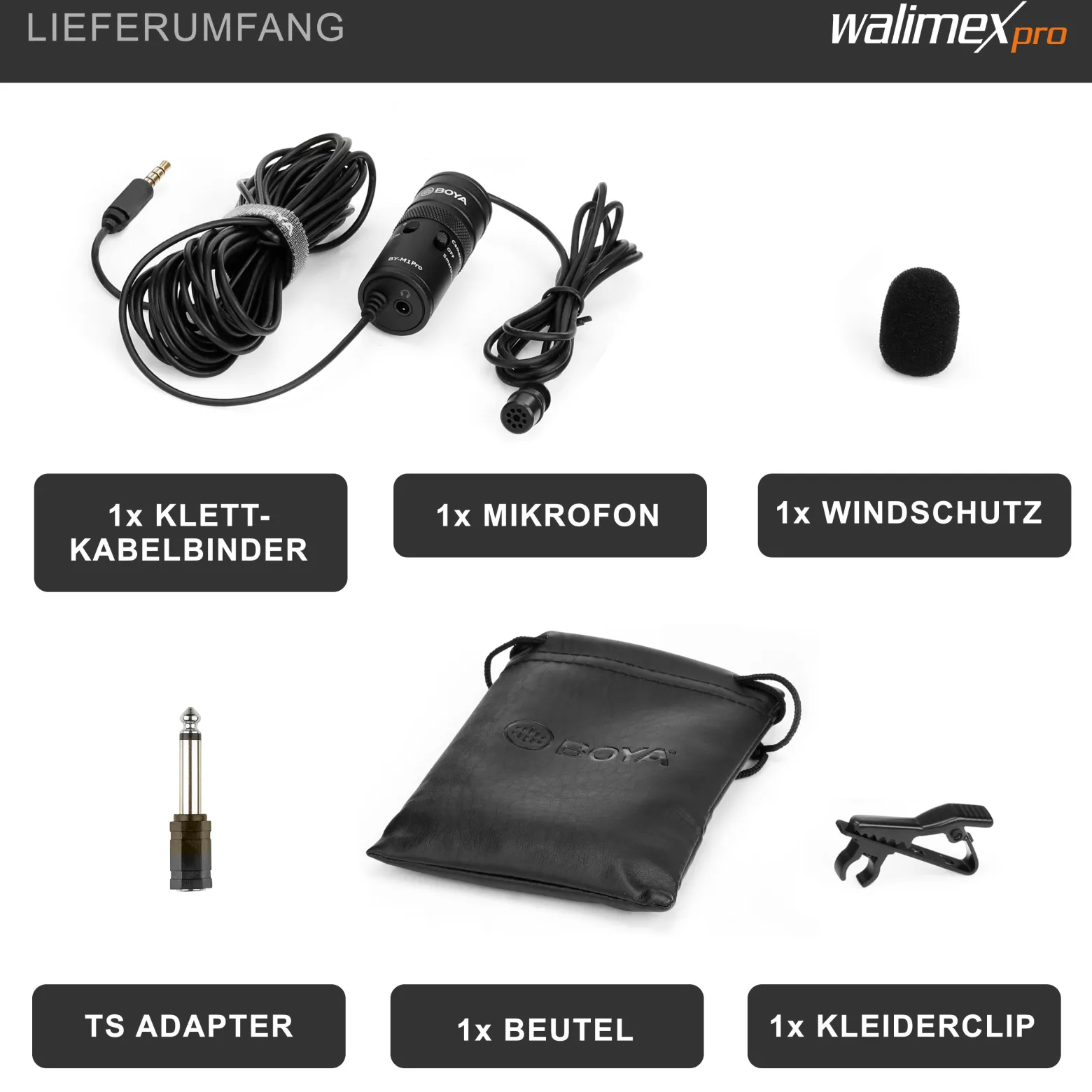 Walimex pro Boya M1 Pro Ansteckmikrofon, Lavaliermikrofon mit Klinkenstecker für Camcorder, Audiorekorder, Smartphone, PC, Mikrofon 65 Hz - 18 kHz, Kugelcharakteristik
