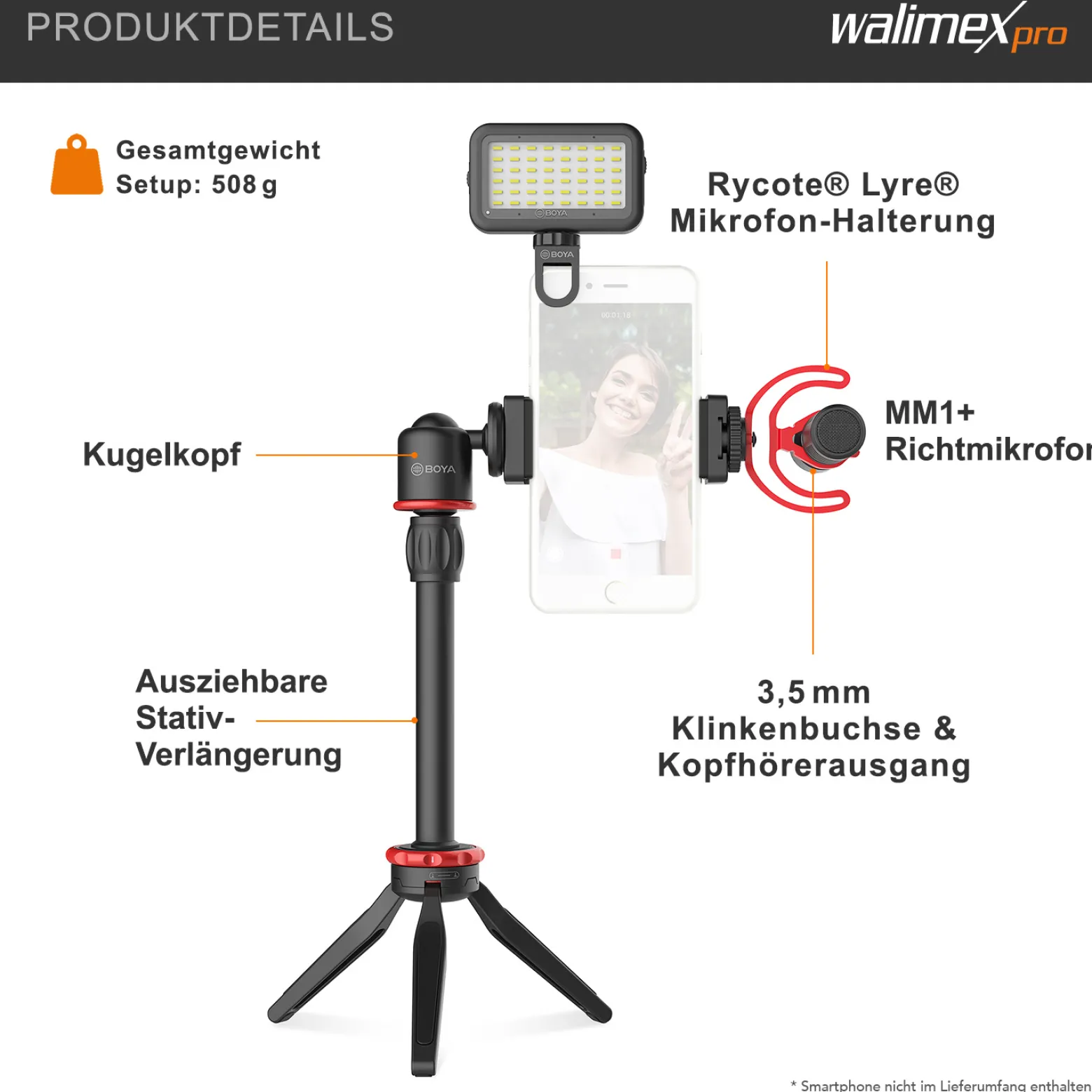 Walimex pro Boya VG350 Smartphone Video Kit - 100 x 26 x 26 mm / 2 kg Tragkraft - mit Mikrofon, Stativ, Smartphone Halterung und Leuchte - Video Zubehör für Vlogging, Streaming